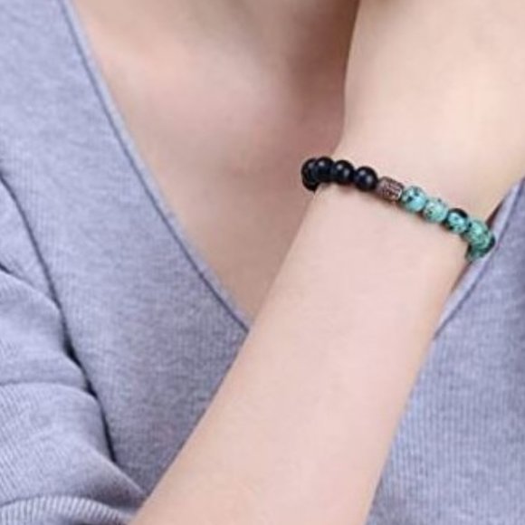 10mm African Turquoise Matte Black Onyx Buddha Head Stone Bead Stretch Bracelet - Picture 2 of 9